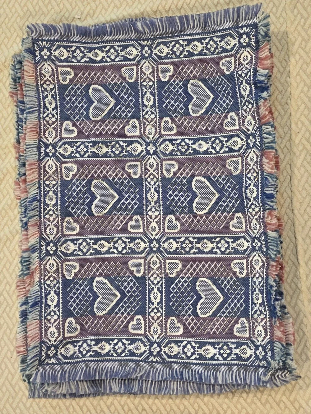 6  Cottagecore Vintage Heart Pattern Woven Place Mats - Blue, Pink, White